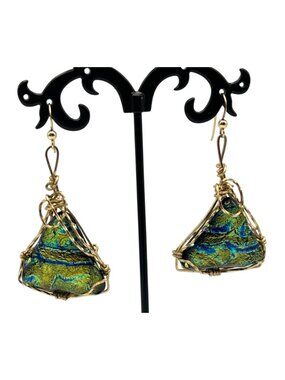 Handmade Dichroic Glass Earrings Wire Wrap Dangle Gold Tone Blue Green Artisan